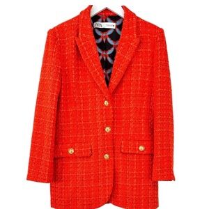 Zara Academia Preppy Old Money Tweed Blazer Jacket Gold Buttons